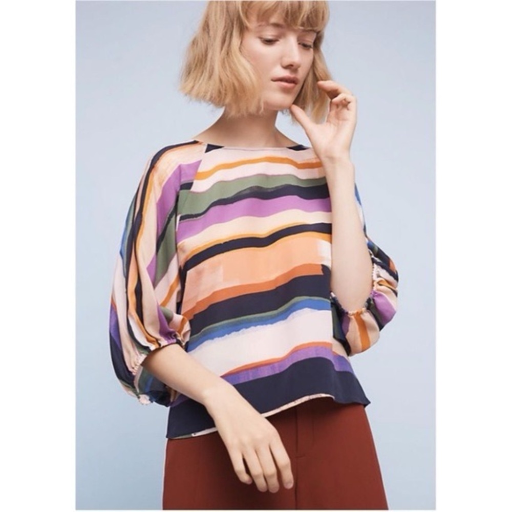 Anthropologie Maeve Colorful Striped 100% Silk Blouse Printed Abstract